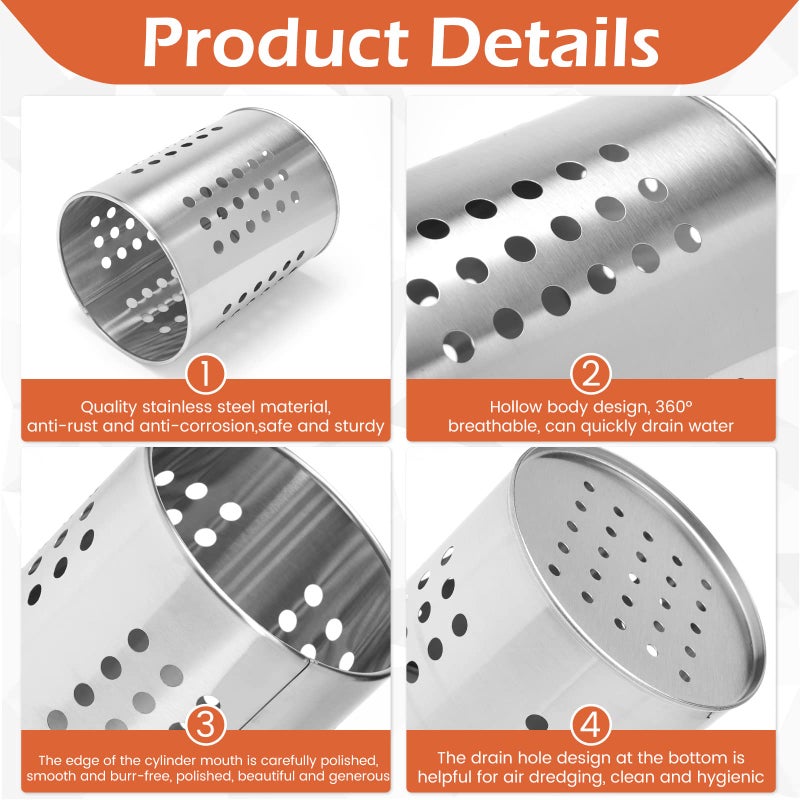 EORTA Stainless Steel Kitchen Utensil Holder Flatware Cylinder Silverware Draining Organizer Drying Rack with Round Drain Holes for Forks, Knives, Spoons, Chopsticks, Small - Image 3